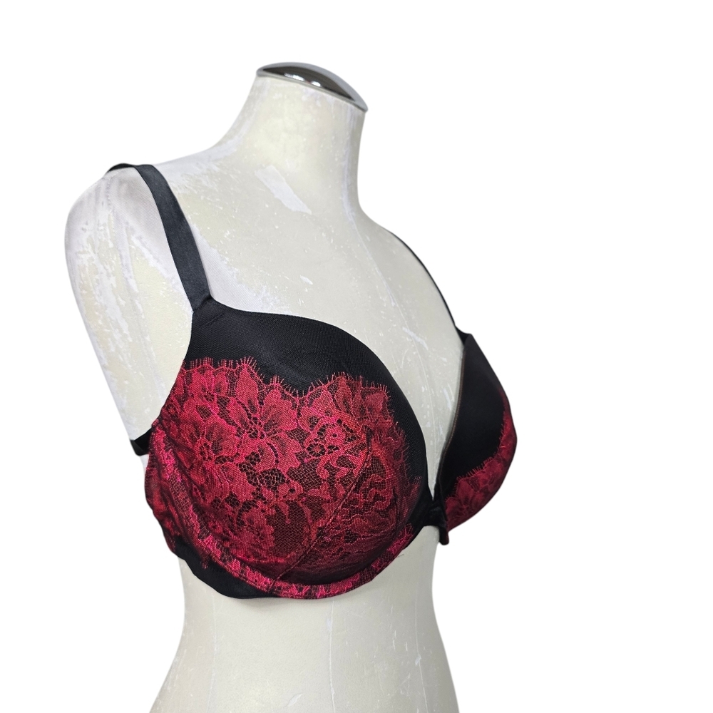 Victoria's Secret Black Red Push Up Pigeonnant Bra 36DD - Picture 2 of 7
